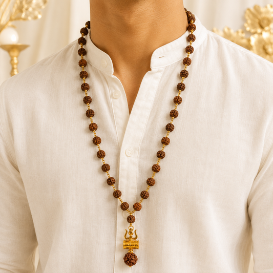 Original 5 Mukhi Rudraksha Mala with Brass Capping and Trishul Damru Pendent (Certified)