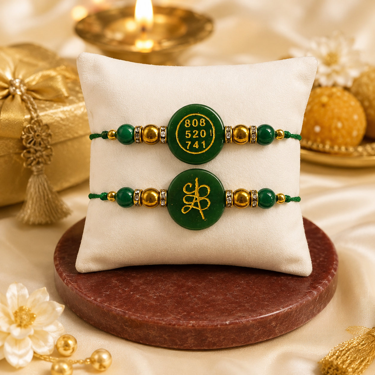 GREEN ZADE ROUND ZIBU RAKHI ( BUY 1 GET 1 FREE )