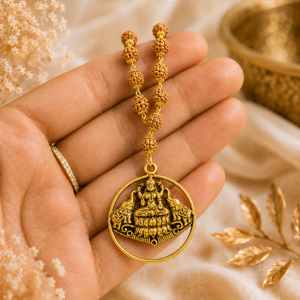 Gaja Lakshmi Divine Locket with 5 Mukhi Rudraksha Mala – Gold Capped