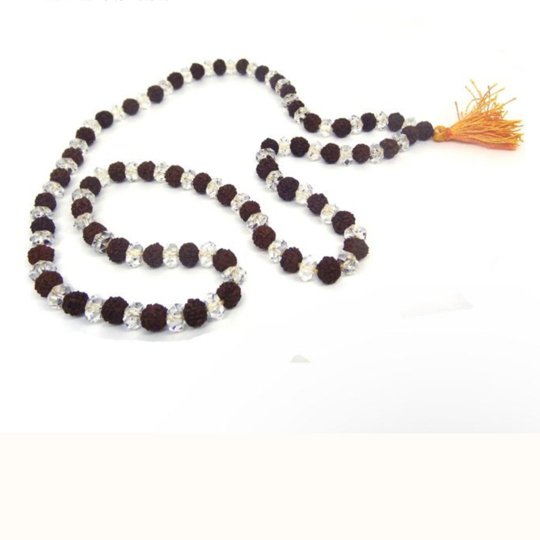 Natural Rudraksha And Diamond Cut Sphatik Mala (Certified)