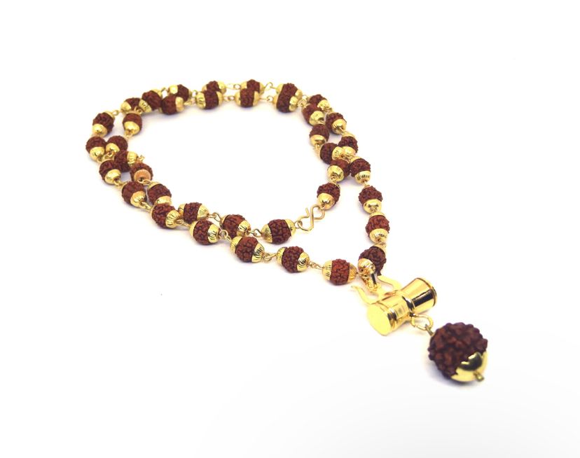 108 Beads Original 5 Mukhi Rudraksha Mala with Brass Capping and Trishul Damru Locket (Certified)
