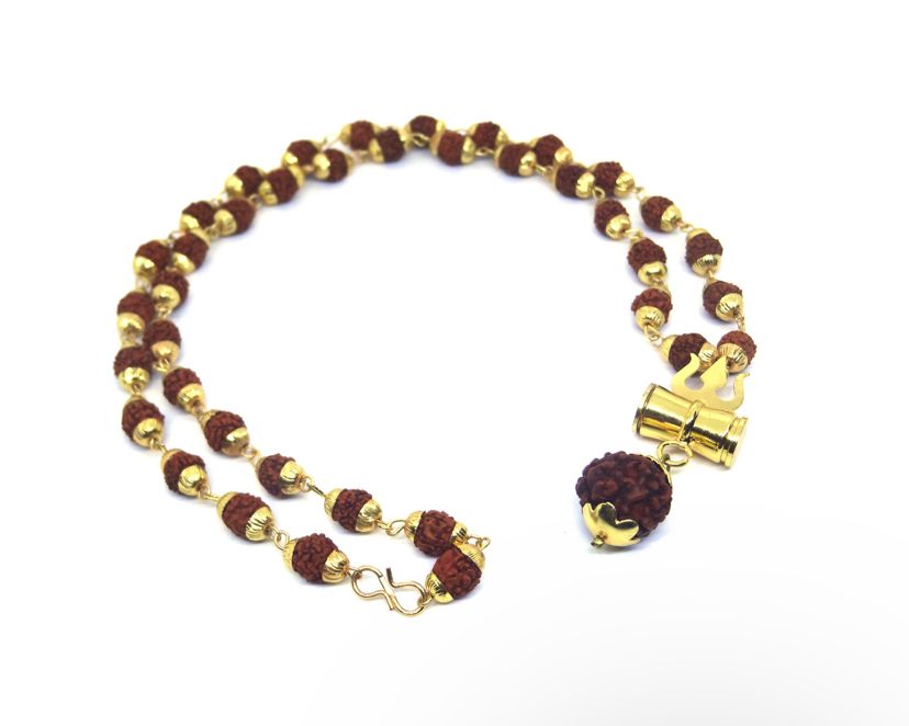 108 Beads Original 5 Mukhi Rudraksha Mala with Brass Capping and Trishul Damru Locket (Certified)