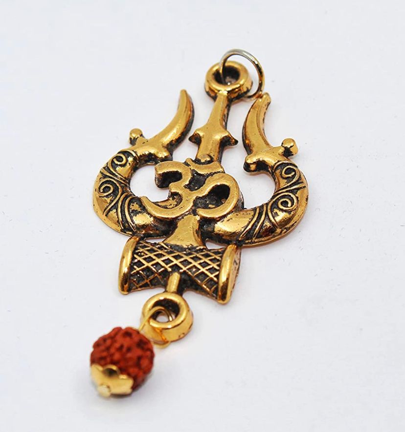 Original Mahakal Locket with Rudraksha, Golden Om Trishul Damru Pendant