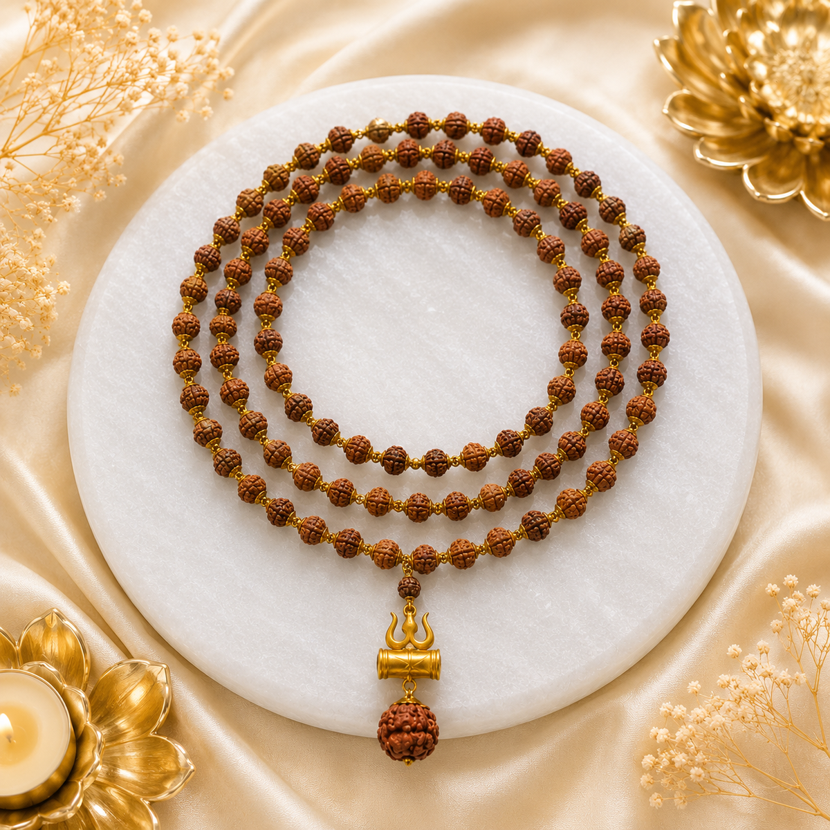 108 Beads Original 5 Mukhi Rudraksha Mala with Brass Capping and Trishul Damru Locket (Certified)