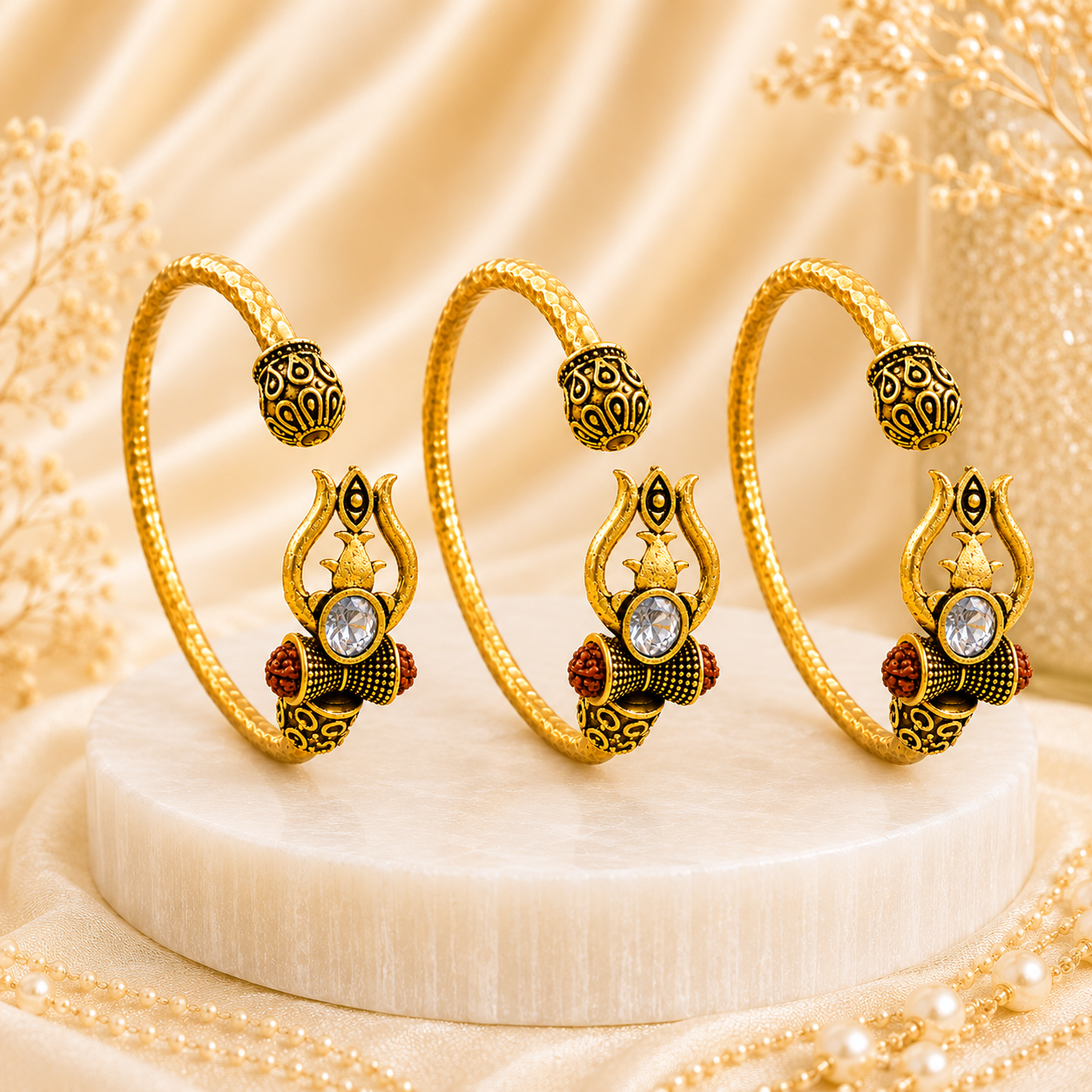 Trident Kada (Gold Plated) - Trishul Damru Kada with 5 Mukhi Rudraksha Beads - (𝐁𝐮𝐲𝟏 𝐆𝐞𝐭𝟏 𝐅𝐫𝐞𝐞)