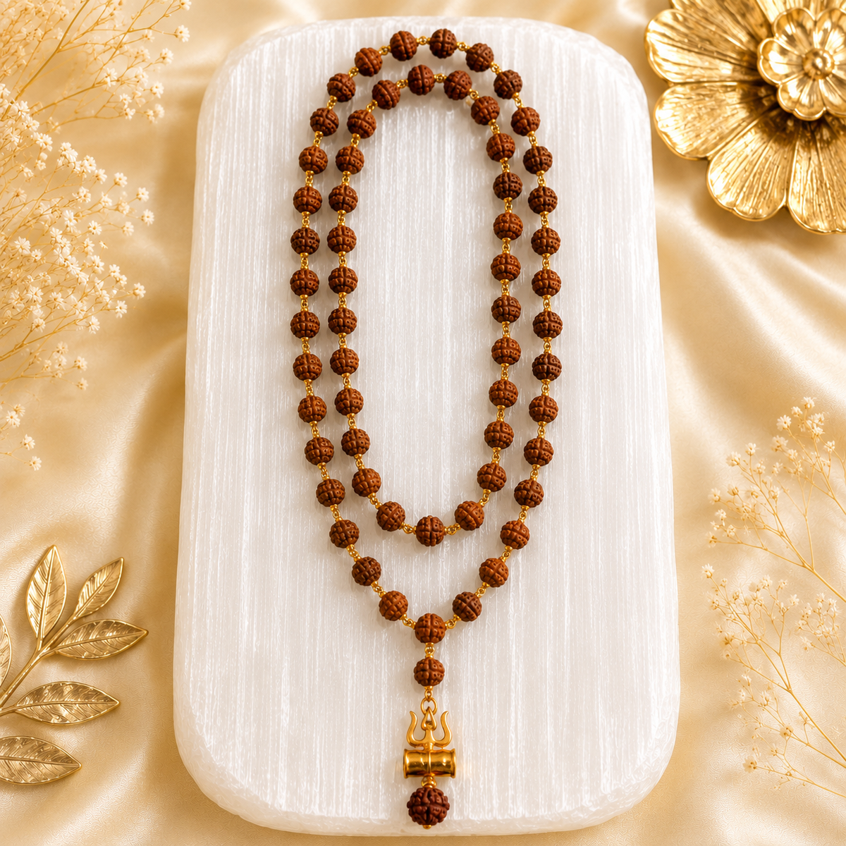 Original 5 Mukhi Rudraksha Mala with Brass Capping and Trishul Damru Pendent (Certified)