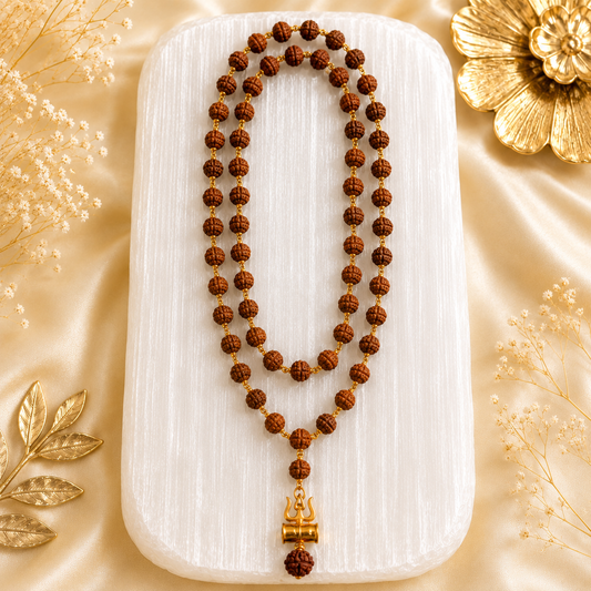 Original 5 Mukhi Rudraksha Mala with Brass Capping and Trishul Damru Pendent (Certified)