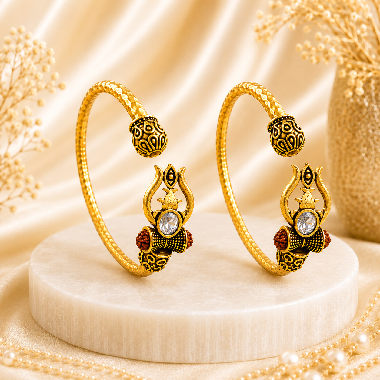 Trident Kada (Gold Plated) - Trishul Damru Kada with 5 Mukhi Rudraksha Beads - (𝐁𝐮𝐲𝟏 𝐆𝐞𝐭𝟏 𝐅𝐫𝐞𝐞)