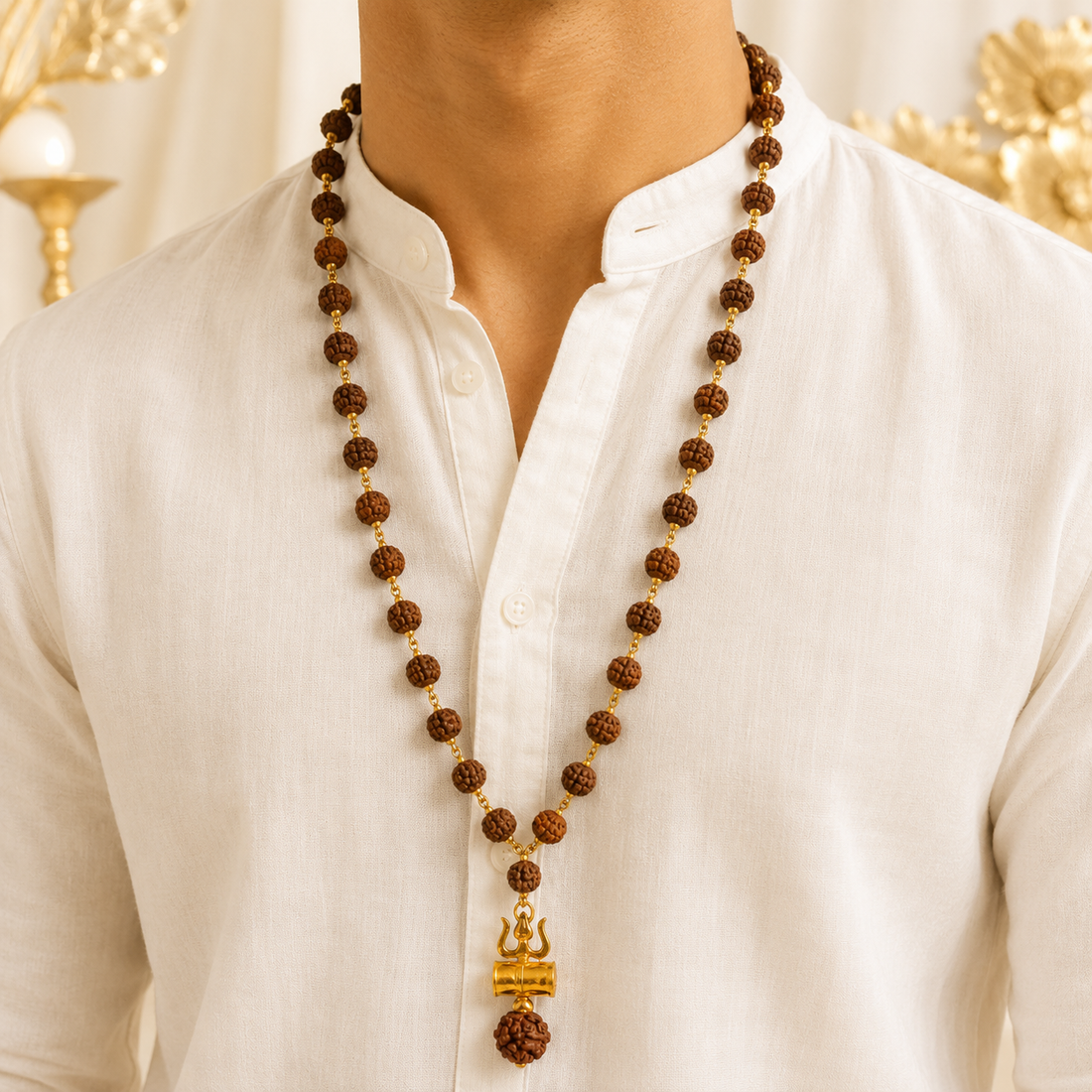 Original 5 Mukhi Rudraksha Mala with Brass Capping and Trishul Damru Pendent (Certified)