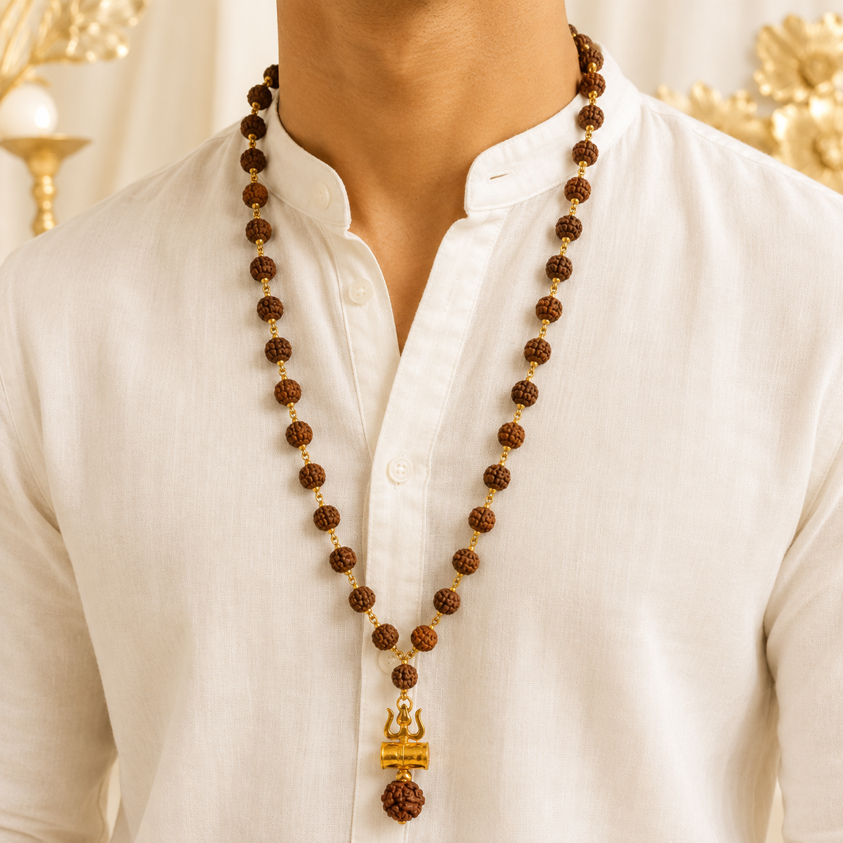 Original 5 Mukhi Rudraksha Mala with Brass Capping and Trishul Damru Pendent (Certified)