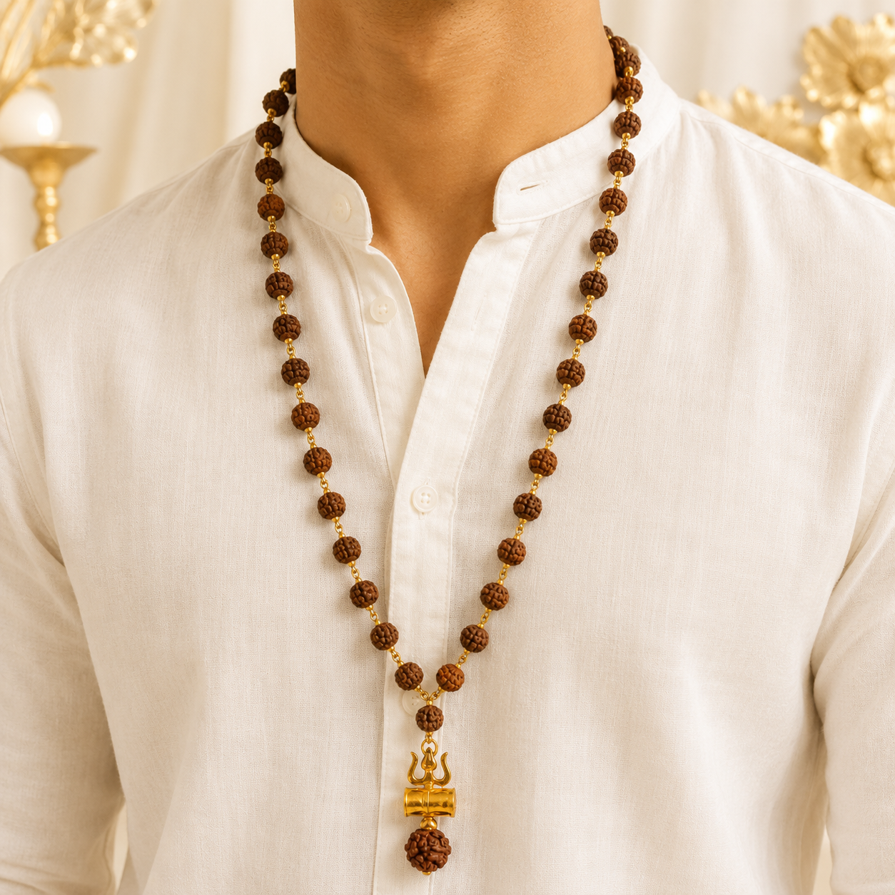 Original 5 Mukhi Rudraksha Mala with Brass Capping and Trishul Damru Pendent (Certified)