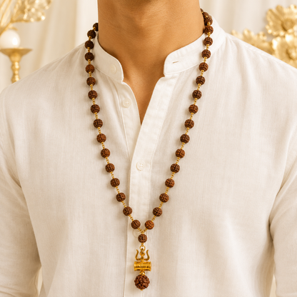 Original 5 Mukhi Rudraksha Mala with Brass Capping and Trishul Damru Pendent (Certified)