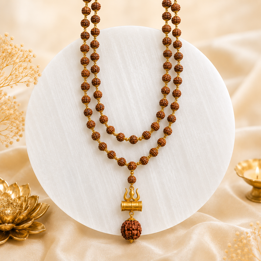 108 Beads Original 5 Mukhi Rudraksha Mala with Brass Capping and Trishul Damru Locket (Certified)