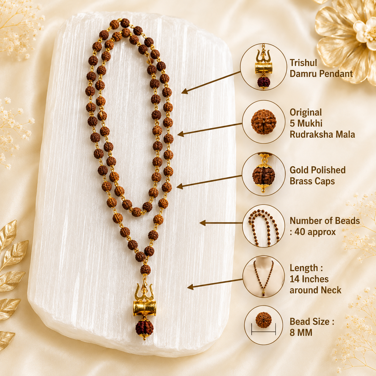 Original 5 Mukhi Rudraksha Mala with Brass Capping and Trishul Damru Pendent (Certified)