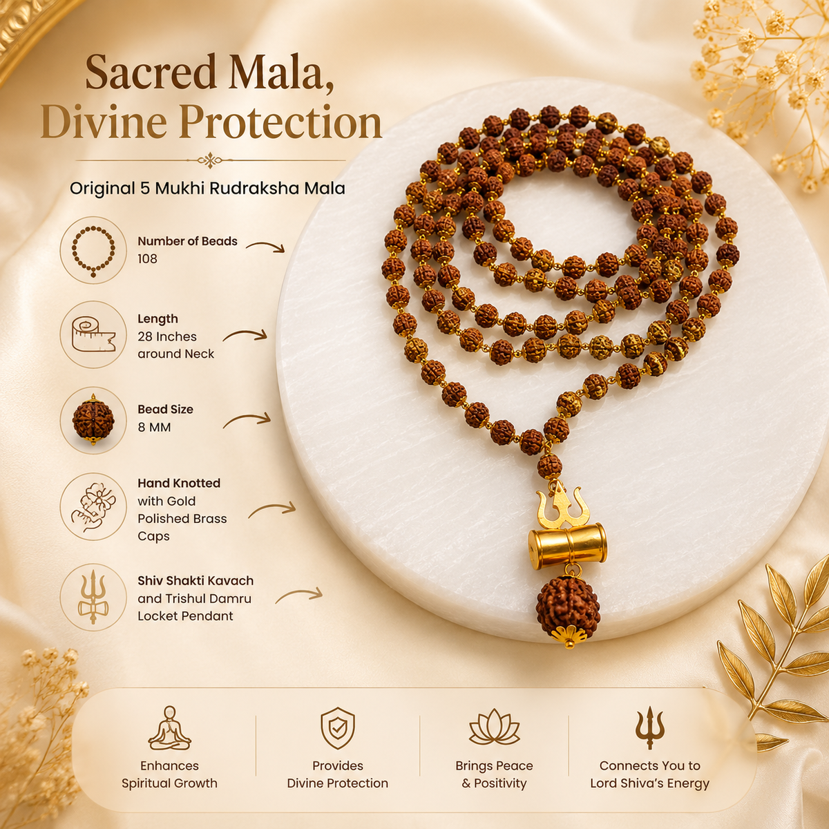 108 Beads Original 5 Mukhi Rudraksha Mala with Brass Capping and Trishul Damru Locket (Certified)
