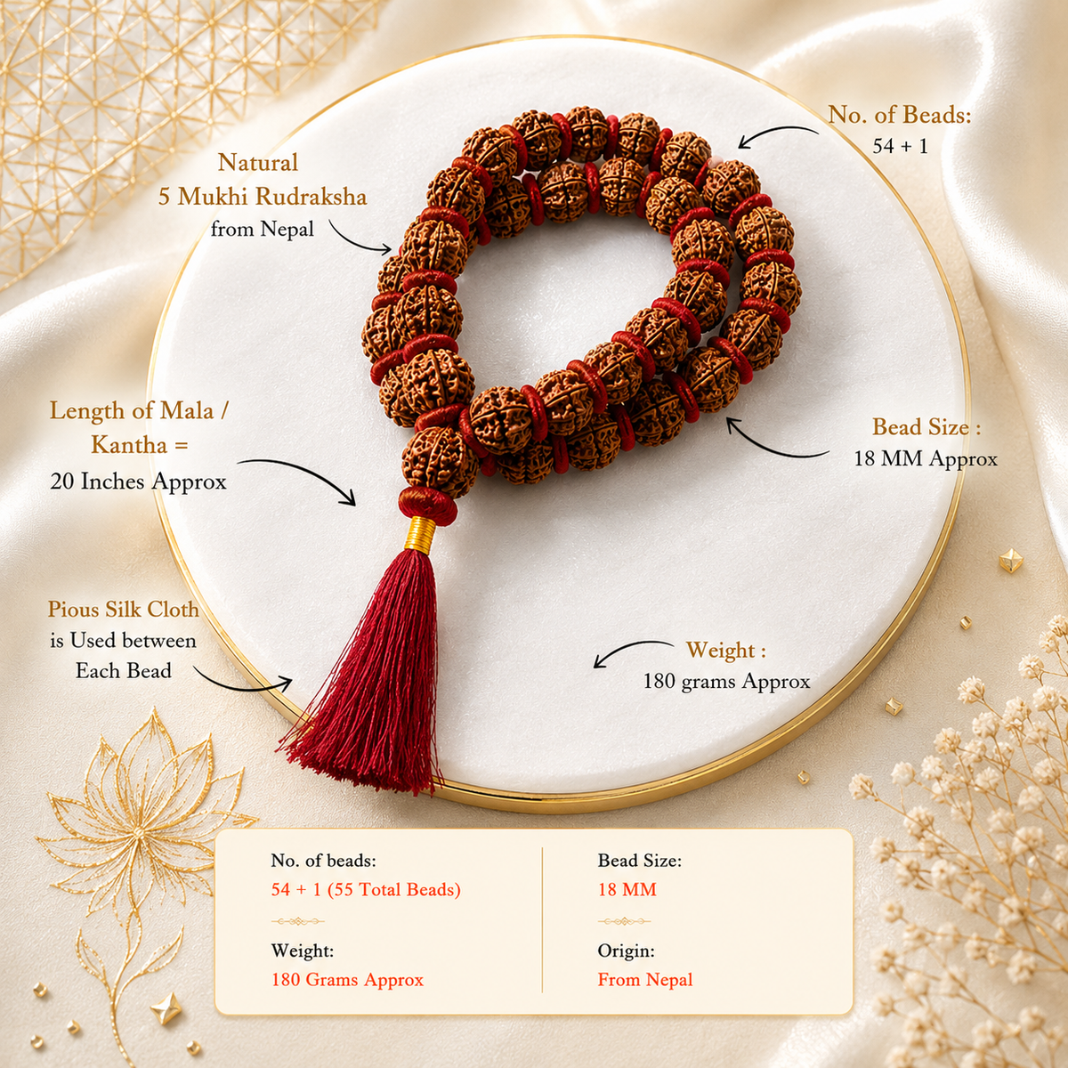 5 Mukhi Natural Rudraksh Kantha Mala (Certified)