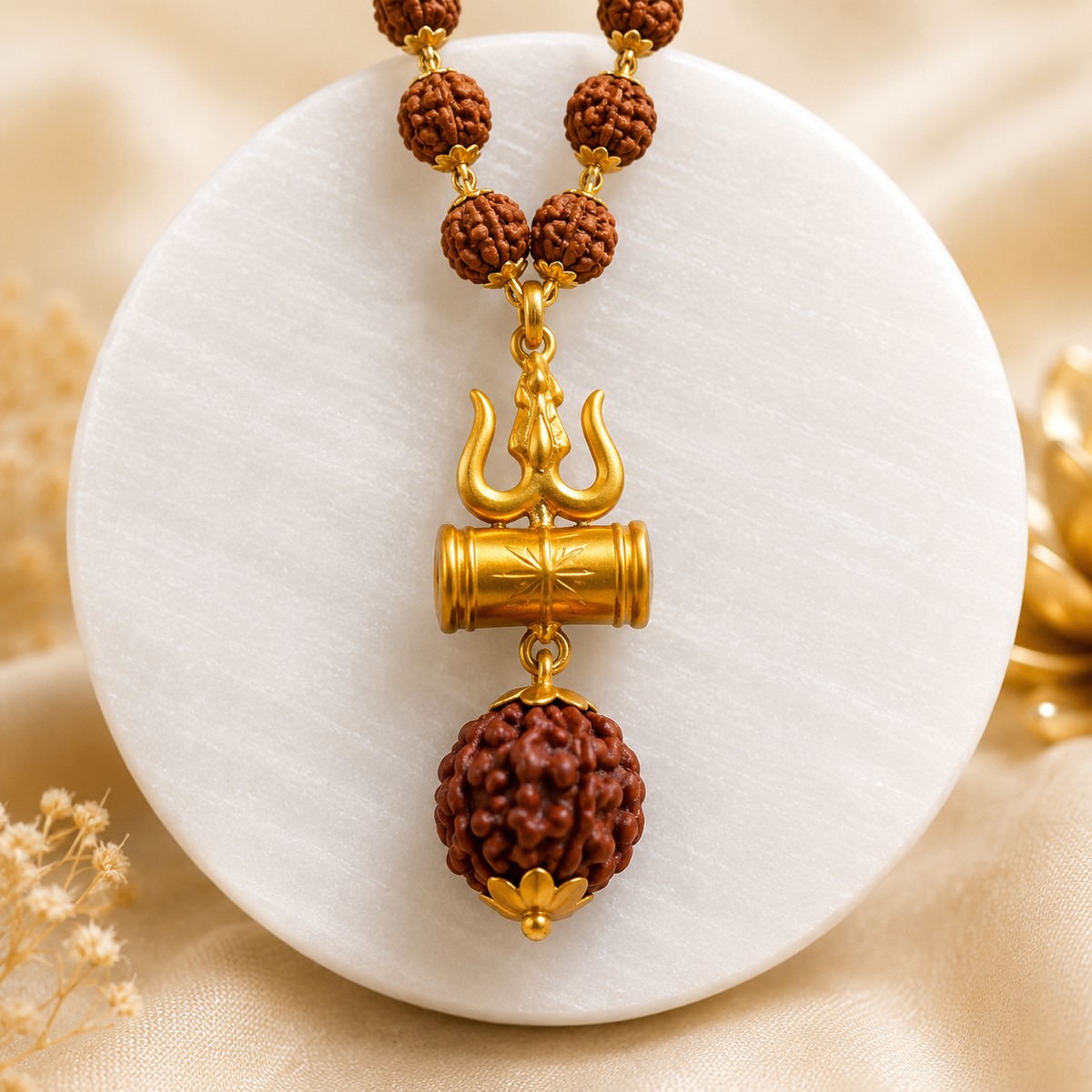 108 Beads Original 5 Mukhi Rudraksha Mala with Brass Capping and Trishul Damru Locket (Certified)
