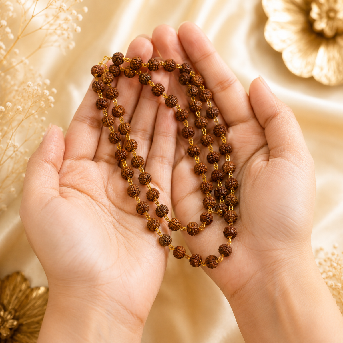 Original 5 Mukhi Rudraksha Mala with Brass Capping and Trishul Damru Pendent (Certified)