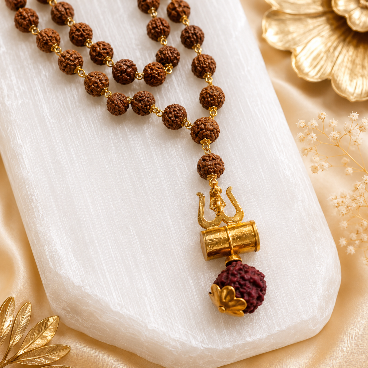Original 5 Mukhi Rudraksha Mala with Brass Capping and Trishul Damru Pendent (Certified)