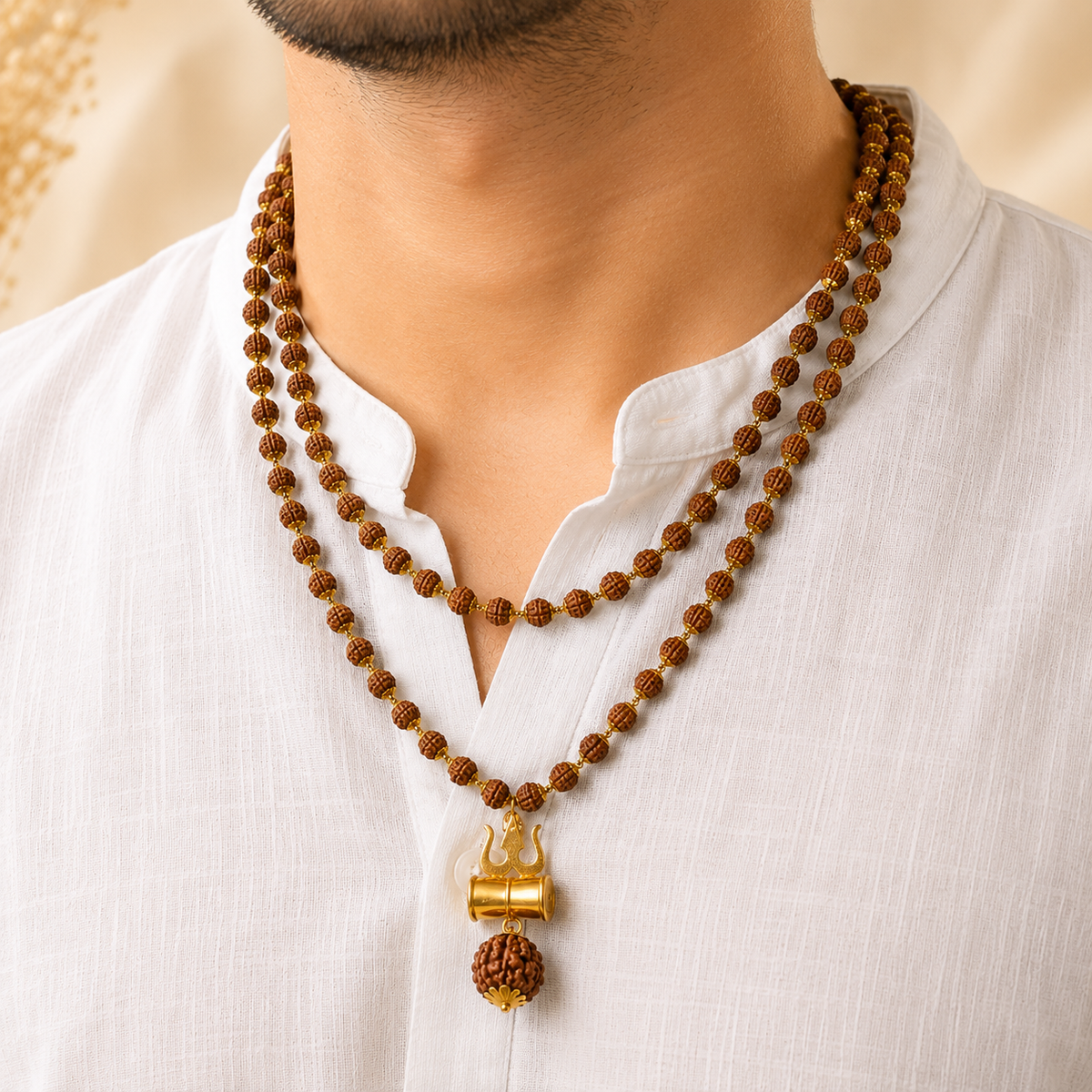 108 Beads Original 5 Mukhi Rudraksha Mala with Brass Capping and Trishul Damru Locket (Certified)