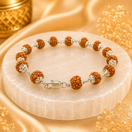 5 Face Rudraksha Bracelet In Pure Silver Capping (Certified)