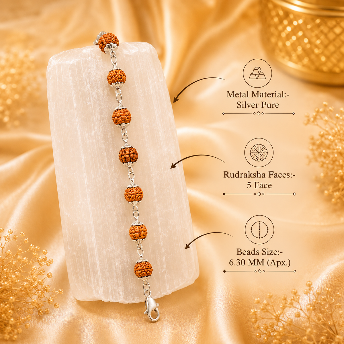5 Face Rudraksha Bracelet In Pure Silver Capping (Certified)
