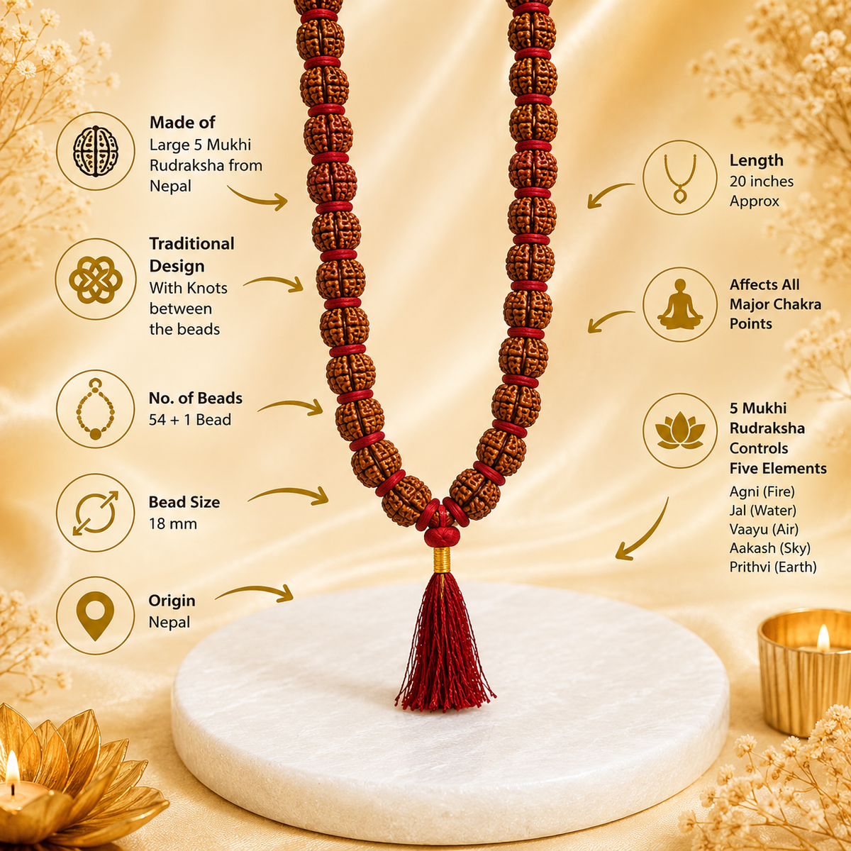 5 Mukhi Natural Rudraksh Kantha Mala (Certified)