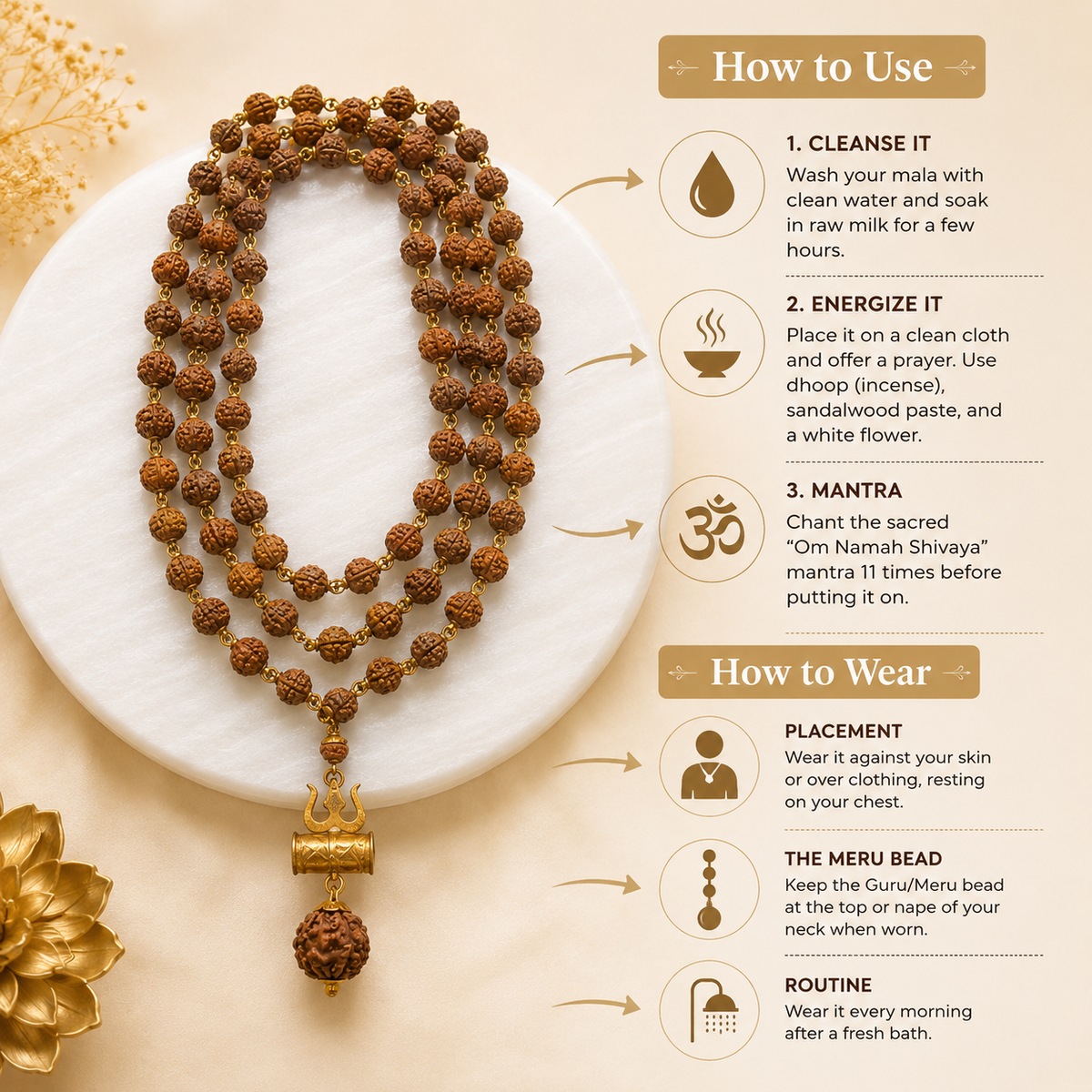 108 Beads Original 5 Mukhi Rudraksha Mala with Brass Capping and Trishul Damru Locket (Certified)