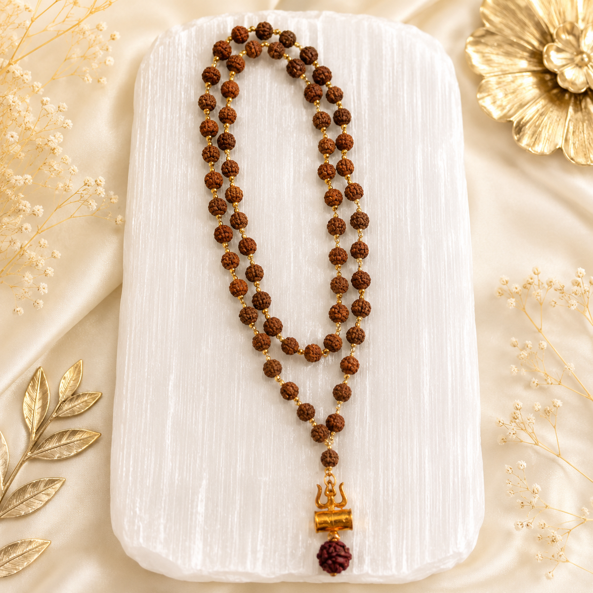 Original 5 Mukhi Rudraksha Mala with Brass Capping and Trishul Damru Pendent (Certified)