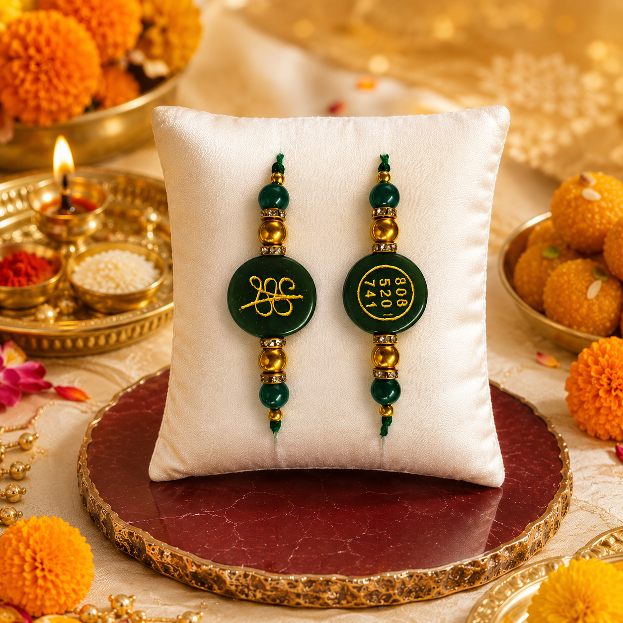 GREEN ZADE ROUND ZIBU RAKHI ( BUY 1 GET 1 FREE )