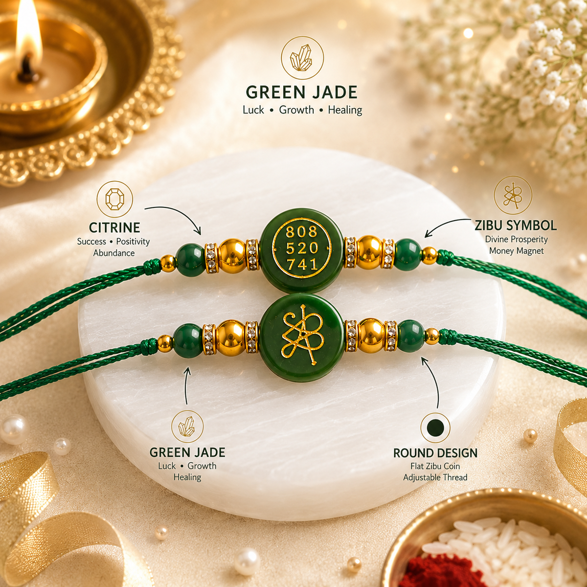 GREEN ZADE ROUND ZIBU RAKHI ( PACK OF 2 )