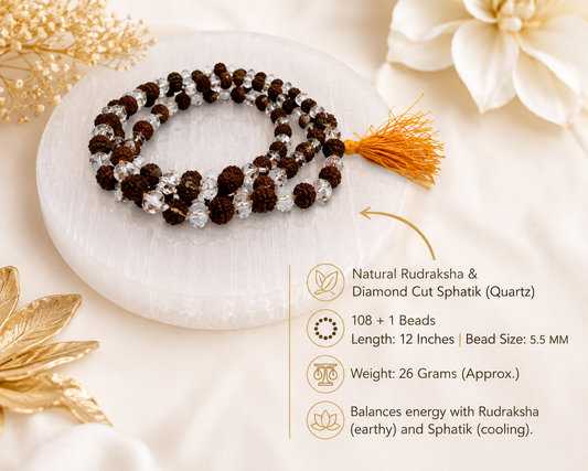 Natural Rudraksha And Diamond Cut Sphatik Mala (Certified)