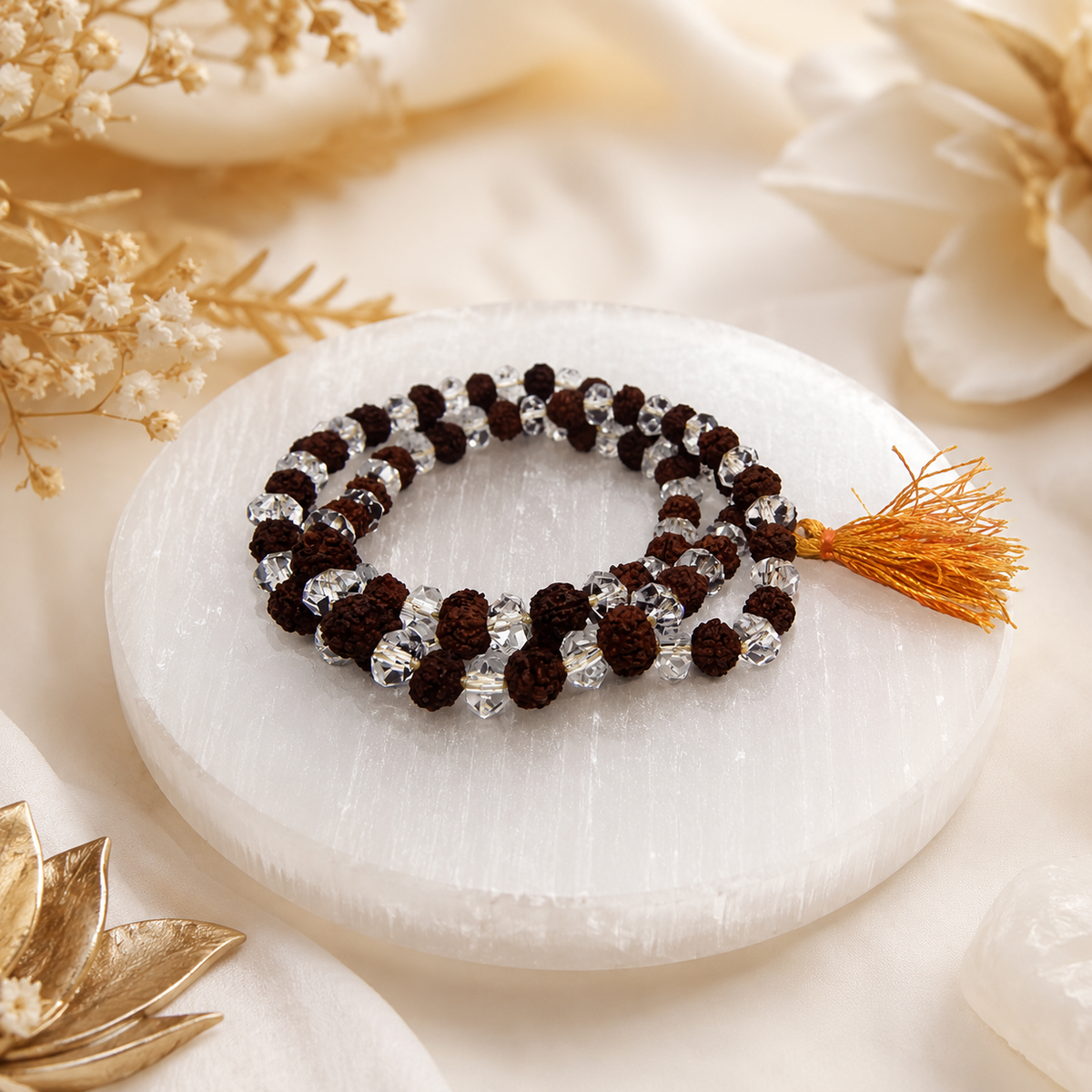 Natural Rudraksha And Diamond Cut Sphatik Mala (Certified)