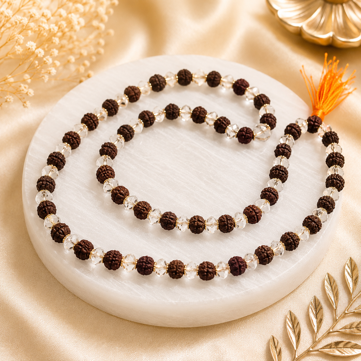 Natural Rudraksha And Diamond Cut Sphatik Mala (Certified)
