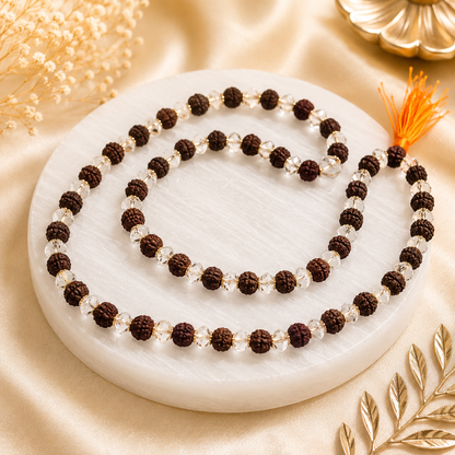 Natural Rudraksha And Diamond Cut Sphatik Mala (Certified)