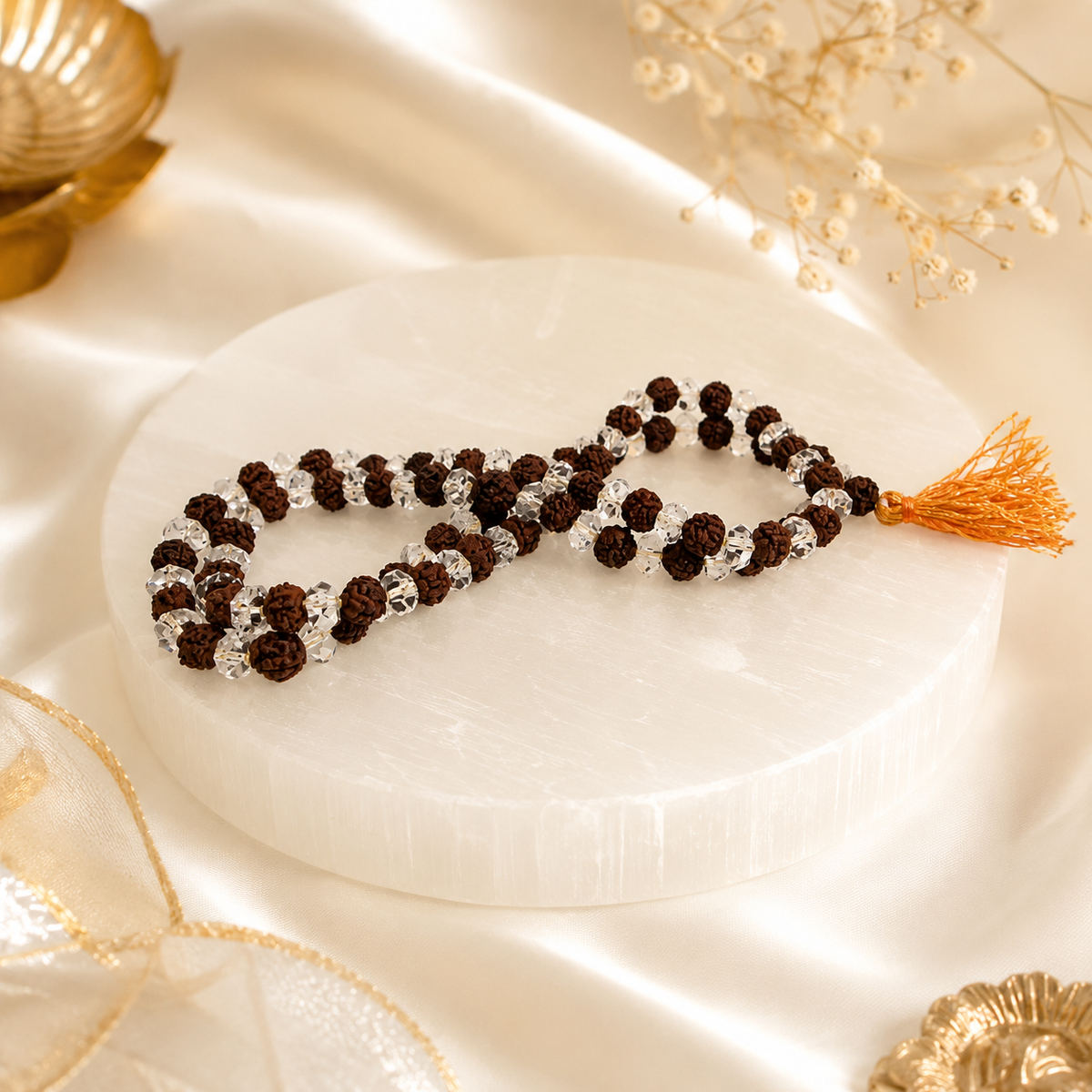 Natural Rudraksha And Diamond Cut Sphatik Mala (Certified)