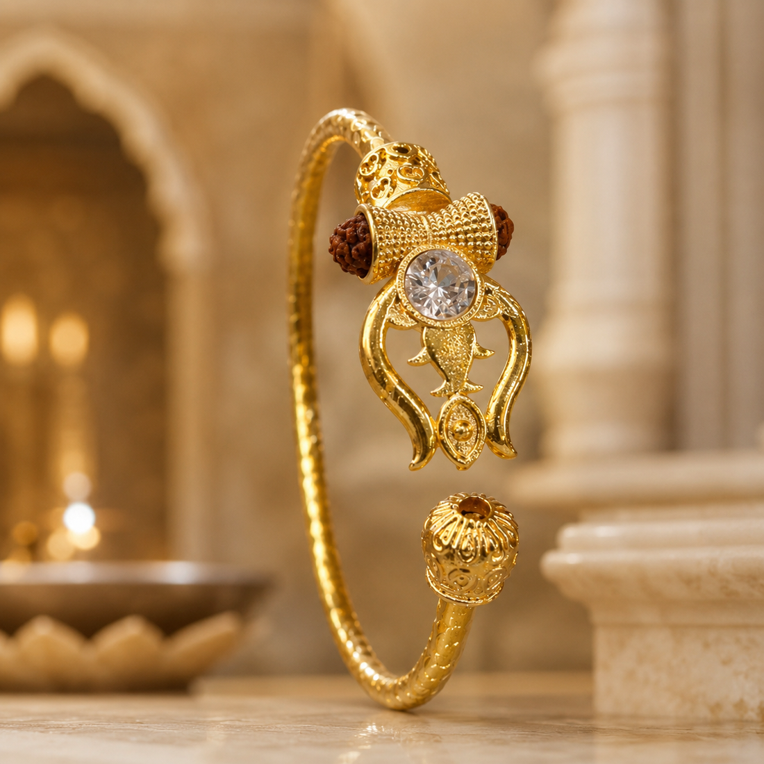 Trident Kada (Gold Plated) - Trishul Damru Kada with 5 Mukhi Rudraksha Beads - (𝐁𝐮𝐲𝟏 𝐆𝐞𝐭𝟏 𝐅𝐫𝐞𝐞)