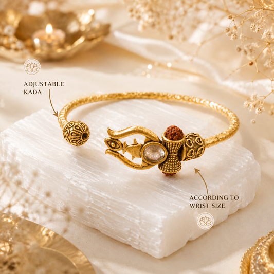 Trident Kada (Gold Plated) - Trishul Damru Kada with 5 Mukhi Rudraksha Beads - (𝐁𝐮𝐲𝟏 𝐆𝐞𝐭𝟏 𝐅𝐫𝐞𝐞)