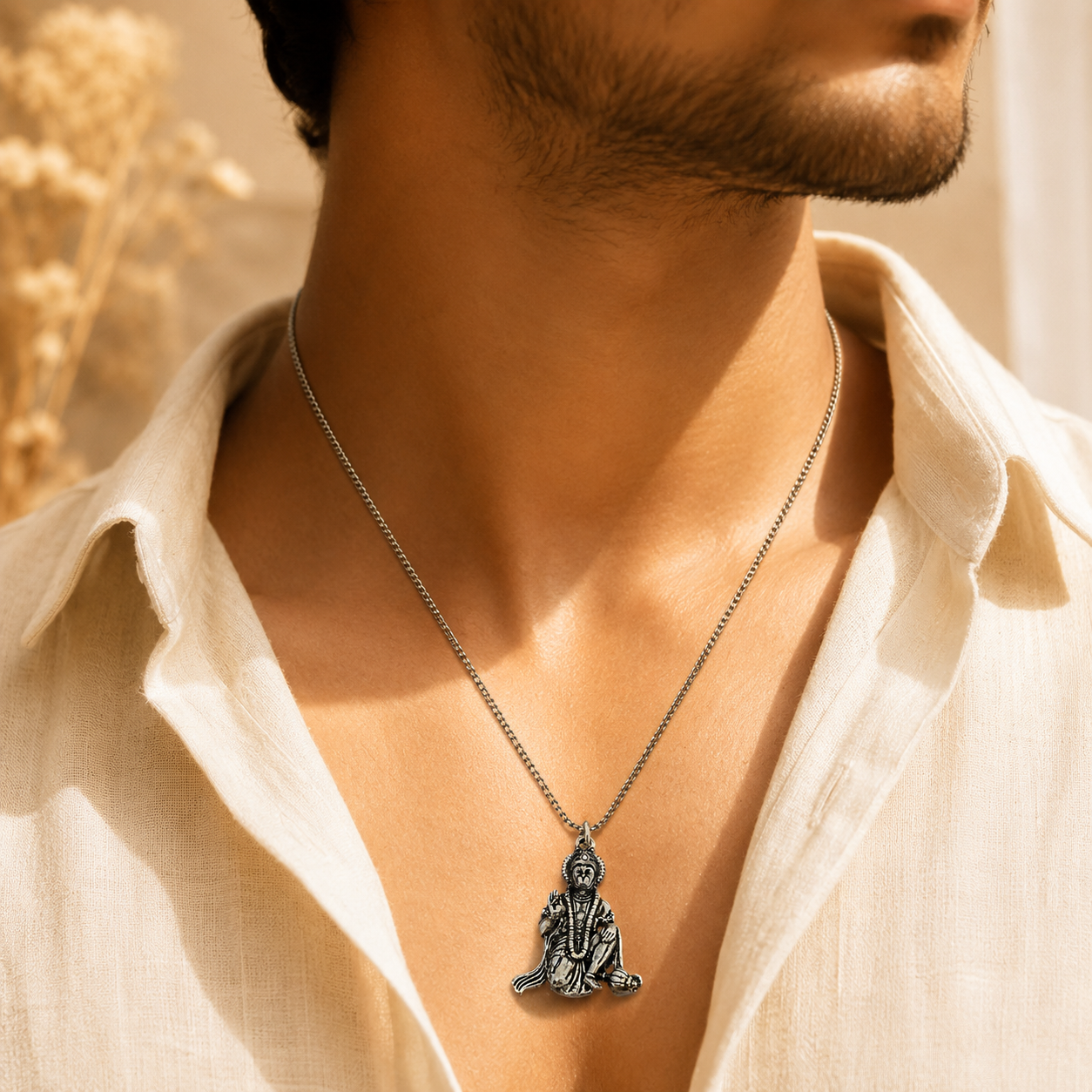 Bajrang Bali Locket with Chain — Silver Finish