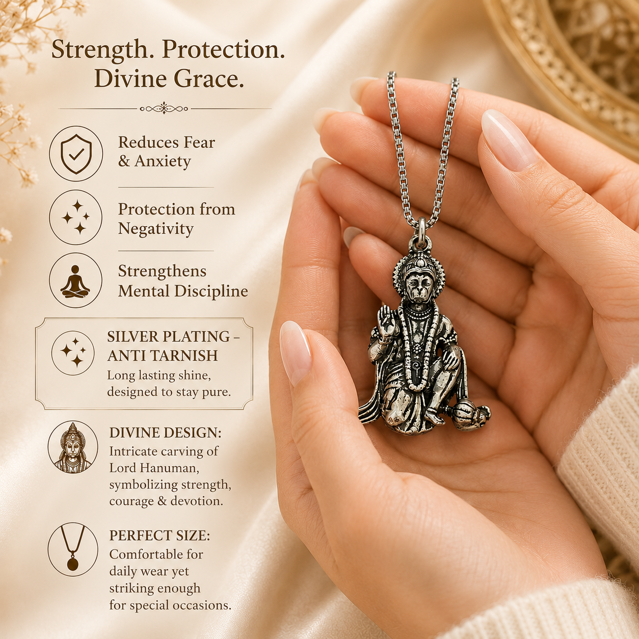 Bajrang Bali Locket with Chain — Silver Finish