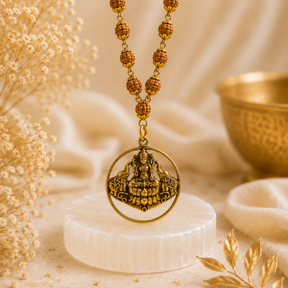 Gaja Lakshmi Divine Locket with 5 Mukhi Rudraksha Mala – Gold Capped