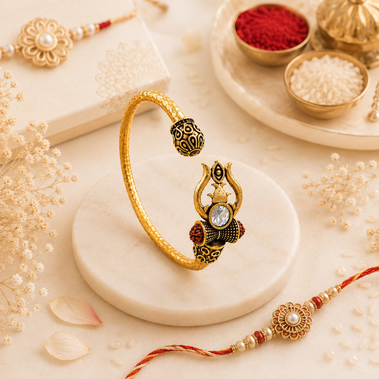 Trident Kada (Gold Plated) - Trishul Damru Kada with 5 Mukhi Rudraksha Beads - (𝐁𝐮𝐲𝟏 𝐆𝐞𝐭𝟏 𝐅𝐫𝐞𝐞)