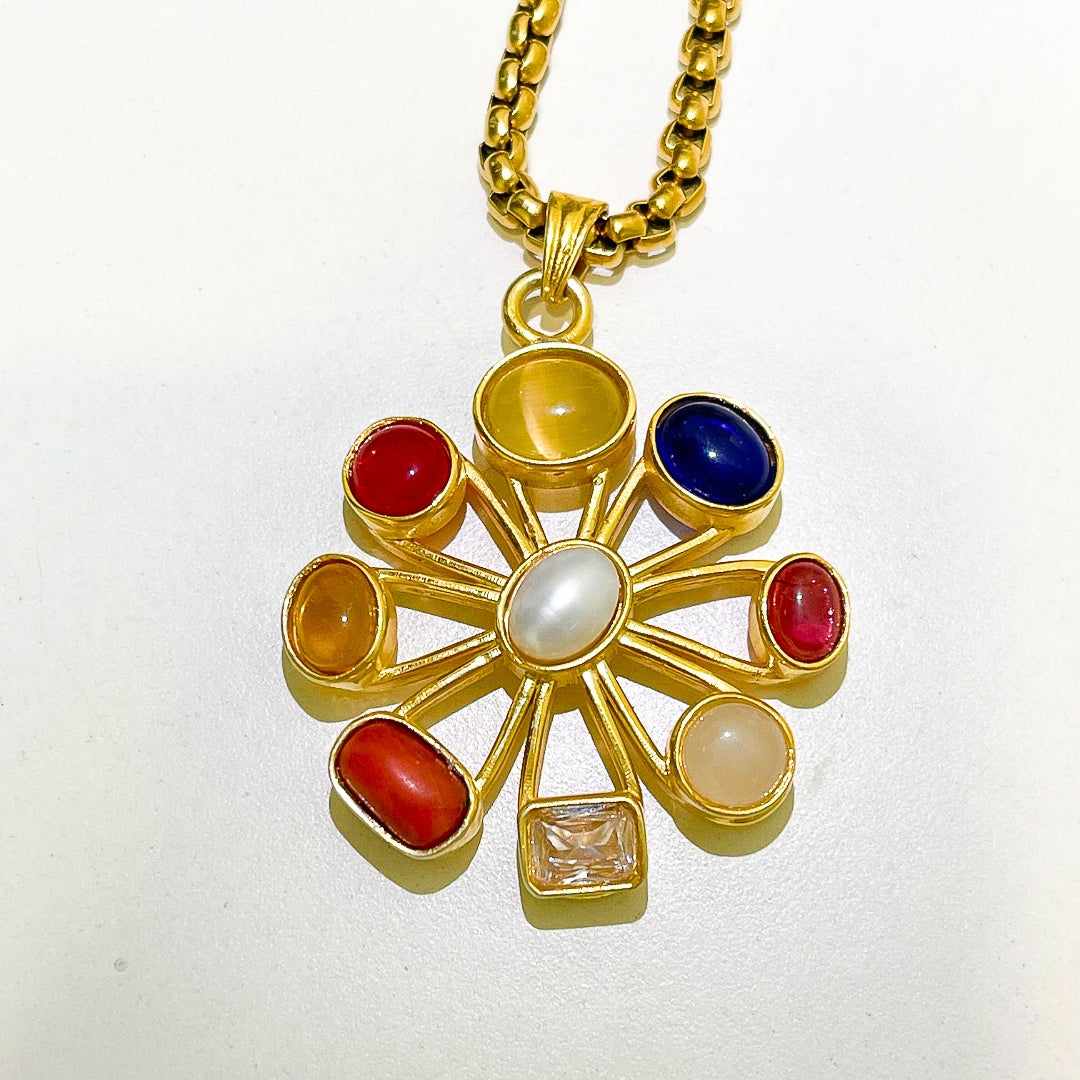 Navratan Locket with Chain (22K Gold Plated) - (Buy 1 Get 1)