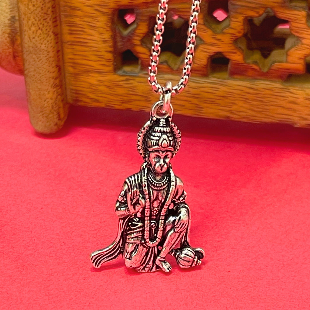 Bajrang Bali Locket with Chain — Silver Finish