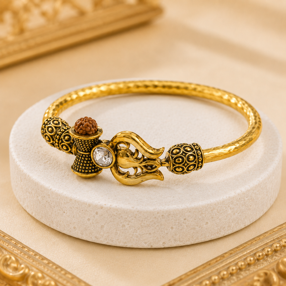 Trident Kada (Gold Plated) - Trishul Damru Kada with 5 Mukhi Rudraksha Beads - (𝐁𝐮𝐲𝟏 𝐆𝐞𝐭𝟏 𝐅𝐫𝐞𝐞)