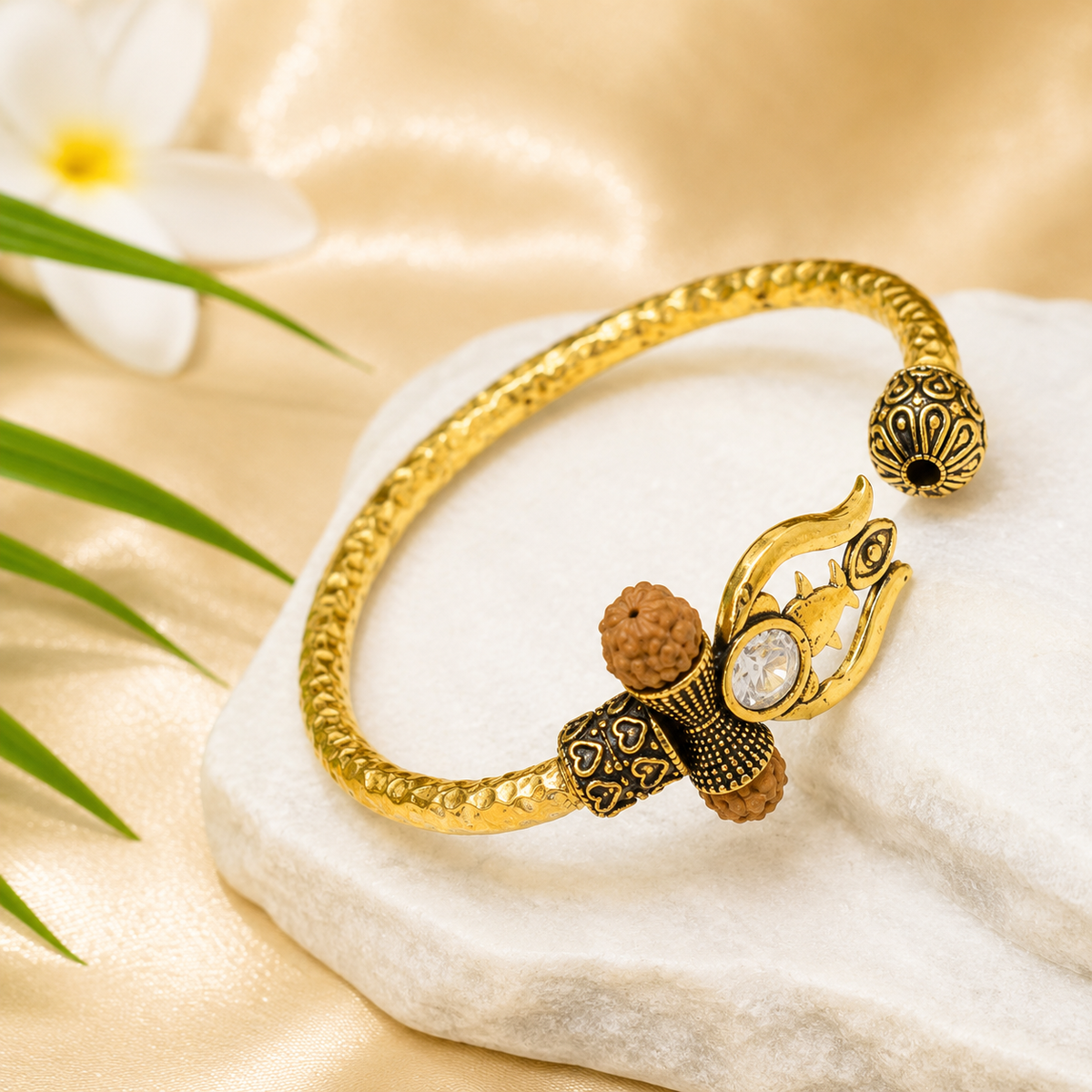 Trident Kada (Gold Plated) - Trishul Damru Kada with 5 Mukhi Rudraksha Beads - (𝐁𝐮𝐲𝟏 𝐆𝐞𝐭𝟏 𝐅𝐫𝐞𝐞)