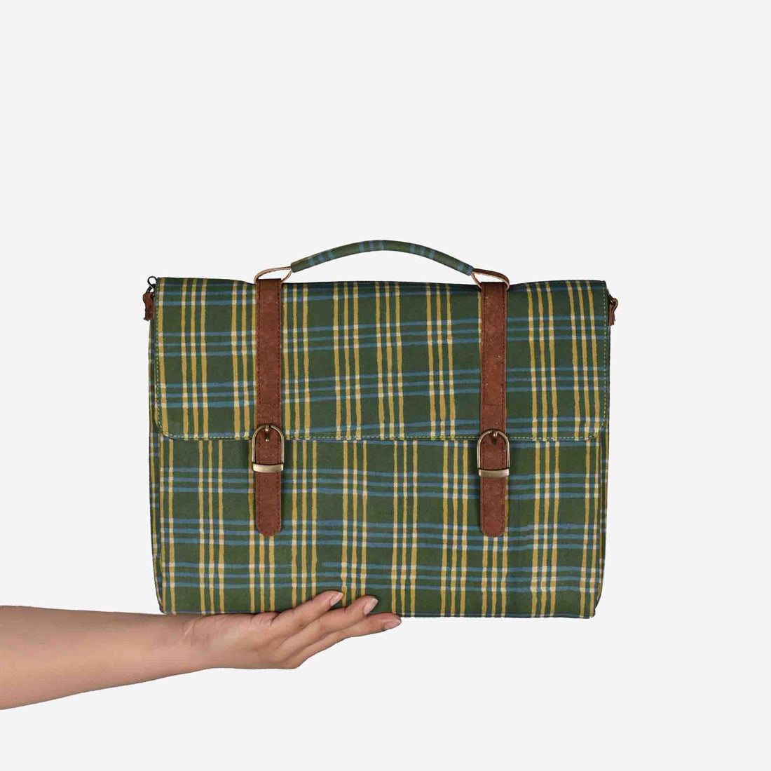 Vegan Leather and Green Dabu Print Canvas Laptop Sleeve