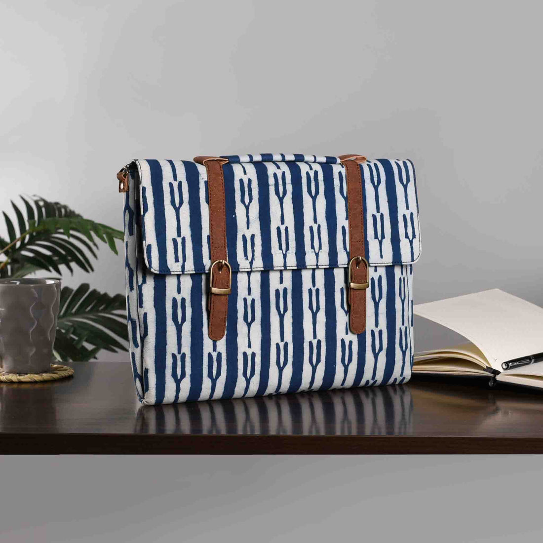 Vegan Leather and Indigo Fork Dabu Print Canvas Laptop Sleeve