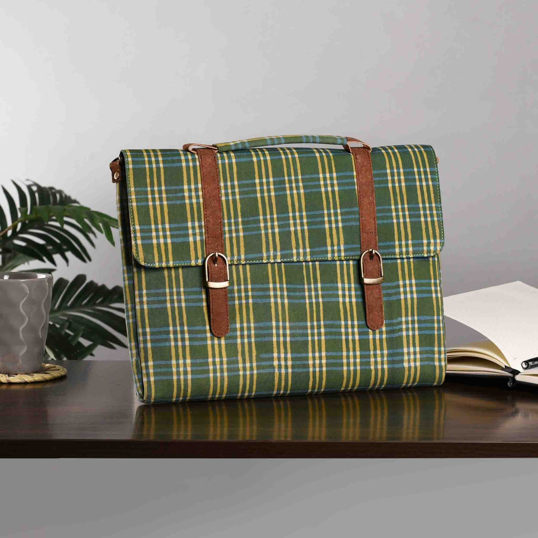 Vegan Leather and Green Dabu Print Canvas Laptop Sleeve