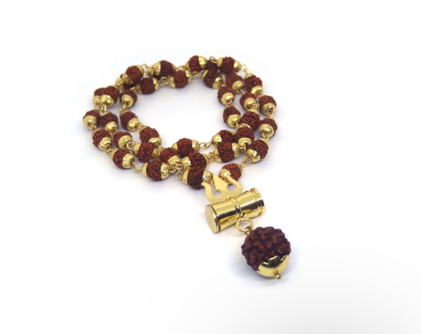 Original 5 Mukhi Rudraksha Mala with Brass Capping and Trishul Damru Pendent